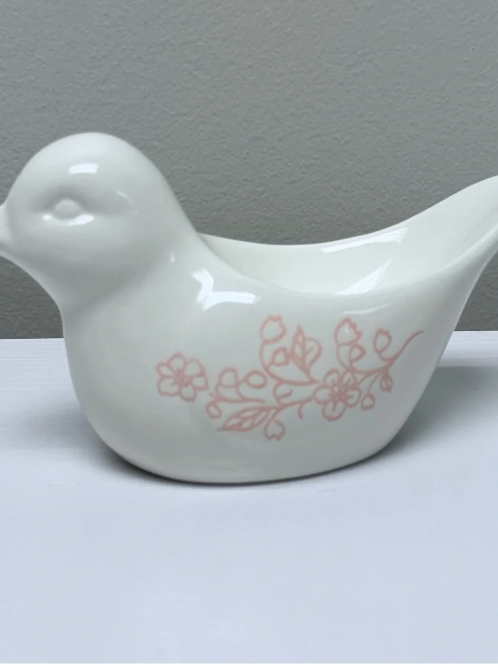 New! Ceramic Bird Trinket Dish with Pink Floral Accents